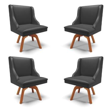 Imagem de Kit 4 Cadeiras Decorativas Sala De Jantar Base Giratória De Madeira Firenze Pu Preto Fosco/natural