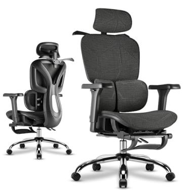 Imagem de Cadeira de Escritório Ergonômica Preta com Rede Mesh - Apoio Lombar, Headrest e Braços 3D Ajustáveis, Descanso para Pernas e Rodas Silenciosas - Para Longas Jornadas no Trabalho e Jogos (150kg)