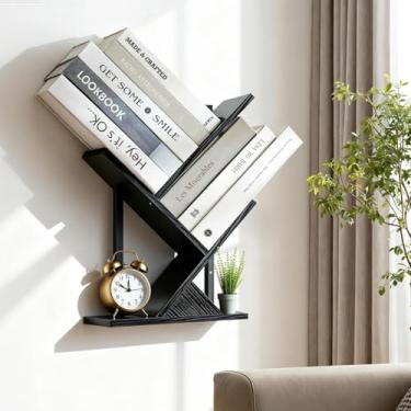 Imagem de Prateleira de livros de árvore para parede, prateleiras de livros flutuantes para montagem na parede, prateleira de madeira rústica para mesa organizadora para CDs/revistas/livros, estante preta