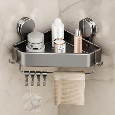 Imagem de Mustorn Suporte de chuveiro com ventosa, 1 pacote com prateleiras de chuveiro de canto de sucção sem perfuração, organizador de chuveiro à prova de ferrugem com suporte de toalha e ganchos, suporte