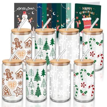 Imagem de Paoren Conjunto de 8 copos de vidro de Natal com tampas e canudos, xícaras de café gelado de 473 ml com tampas de bambu, presentes de copo de vidro de Natal para mulheres, homens, colegas de trabalho