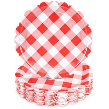 Imagem de JCTHKUKU 48 peças de pratos de papel guingão vermelho de 18 cm, pratos de festa descartáveis xadrez vermelho e branco, utensílios de mesa de sobremesa xadrez para churrasco, piquenique, casamento