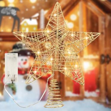 Imagem de CALCHELE Estrela de topo de árvore de Natal de 25 cm com luzes de LED, decoração de árvore de Natal, estrela de Natal de metal brilhante para decoração de enfeite de árvore de Natal
