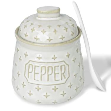 Imagem de QUXIJA Tigela de sal e pimenta com tampa e colher, adega de especiarias de cerâmica de 293 ml para bancada de cozinha, decoração de cozinha de fazenda (branco vintage, pimenta com etiqueta de 11 cm)