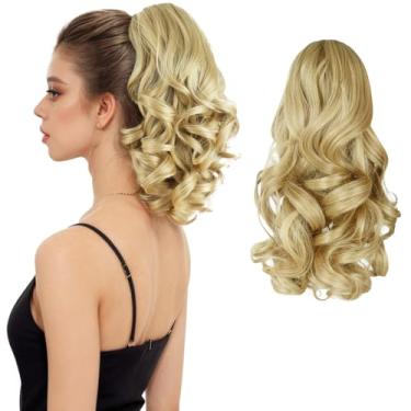 Imagem de HEWEICSY Extensão de rabo de cavalo, rabo de cavalo com clipe para mulheres, clipe de garra de 30 cm em extensão de cabelo de pônei ondulado curto encaracolado para mulheres - Loiro mel claro