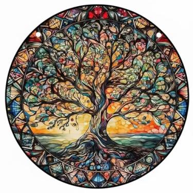 Imagem de Vitral Artístico Redondo, Árvore da Vida em Estilo Mosaico, Decoração em Vidro Colorido, Arte de Parede