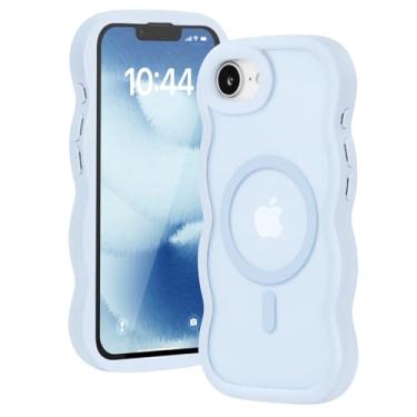 Imagem de Amzfield Capa magnética para iPhone 16e, compatível com moldura ondulada Magsafe fofa translúcida fosca rígida de silicone à prova de choque para iPhone 16 e mulheres meninas, azul claro