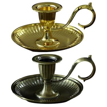 Imagem de Conjunto de 2 castiçais vintage afunilados, cobre e ouro, liga de zinco para lareira, casamentos, mesas de jantar