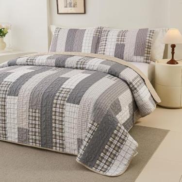 Imagem de Crossvast Conjunto de edredom King Size, conjunto de cama leve alternativo de 3 peças para todas as estações (269 x 244 cm) com 2 fronhas (91 x 50 cm), quadrado cinza