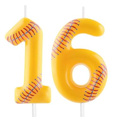 Imagem de Vela de beisebol – Número 16 velas para topo de bolo, vela de softball, 6 cm, velas de aniversário esportivas, perfeitas como decorações de bolo com tema de beisebol para meninos, meninas