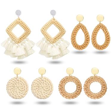 Imagem de 4 pares de brincos boêmios para mulheres, conjunto de brincos de praia de verão feitos à mão em vime com pingente de borla, joias de férias, One Size, Rattan, Sem pedra preciosa