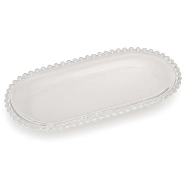 Imagem de Prato Decorativo de Vidro com Borda de Cristais, Oval, Transparente, 30 cm, Estilo Elegante, para Servir e Decorar