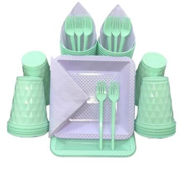 Imagem de Kit Festa Aniversário Itens Descartáveis Premium - Conjunto Copos, Pratos e Talheres em Cor Pastel para Aniversário, Casamento e Eventos(Verde Lilás Candy)