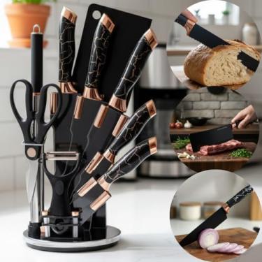 Imagem de Conjunto de Facas Premium 9 Peças Ultra Afiadas Aço Inox com Suporte Acrílico Giratório Cabo Marmorizado (Mármore Escuro)