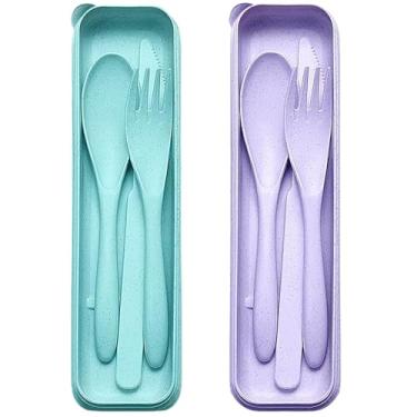 Imagem de Conjunto de utensílios de viagem reutilizáveis com estojo, 2 conjuntos de colheres de garfo de faca portáteis de palha de trigo, talheres de acampamento para lancheira, utensílios de mesa de plástico