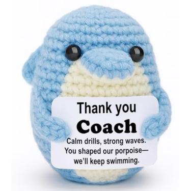 Imagem de Weming Coach Appreciation – Mini Crochet Dolphin Plush with Positive Sign, Handmade 4-inch, Swim Team Gift, Desk Shelf Decor