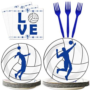 Imagem de Wiooffen 96 peças de pratos de festa de vôlei, guardanapos, utensílios de mesa, artigos de aniversário de voleibol, utensílios de jantar descartáveis, tema esportivo, lembrancinhas de decoração de