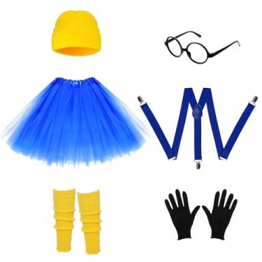 Imagem de Conjunto de fantasia de Halloween para adultos, gorro amarelo, azul, tutu, preto, armação redonda, óculos, luvas, suspensório, polainas