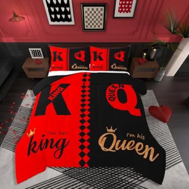 Imagem de Erosebridal Conjunto de edredom Queen para casal, preto e vermelho, coroa king e Queen, para homens e mulheres, adultos, presente de casamento para Dia dos Namorados, fofo, amor, coração, flecha