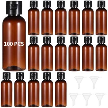 Imagem de Pacote com 100 garrafas de viagem de plástico marrom de 60 ml com tampas flip, recipientes recarregáveis com funis para líquidos, xampu, loção e muito mais