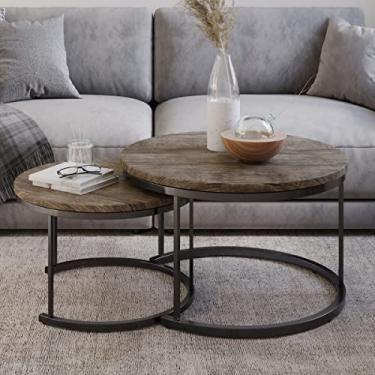 Imagem de Conjunto de mesa de centro redonda - mesas de encaixe de 2 peças para usar juntas ou separadamente - Estilo moderno de fazenda da Lavish Home (cinza-marrom)