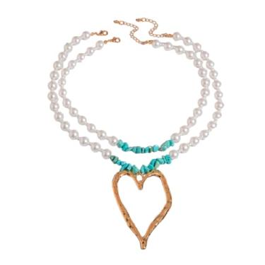 Imagem de Y2K Colar de coração grande com contas de pérolas de imitação longa, colar com pingente de coração de ouro grosso, joia moderna para mulheres, 16in, Zinco, Sem Pedra Preciosa