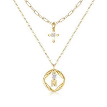 Imagem de YOVIEE Colares em camadas com inicial para mulheres, pingente de círculo banhado a ouro 14K, pingente de zircônia, nome personalizado, clipe de papel, gargantilha cruzada, joias de cristal, presentes