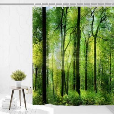 Imagem de Yeele Cortina de chuveiro paisagem natural árvores verdes floresta cortinas de banheiro primavera nascer do sol selva paisagem impermeável decoração de banheira com ganchos de plástico, 182 x 182 cm