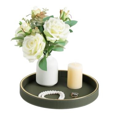 Imagem de Cretkhp Bandeja decorativa redonda para decoração de mesa de café, bandeja de mesa de centro de couro PU, acabamento dourado para decoração de casa, sala de estar, mesa de jantar, bandejas de perfume