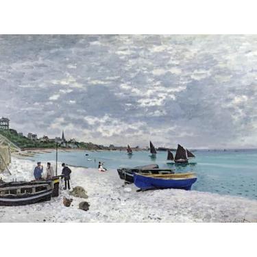 Imagem de Reprodução de pintura a óleo Claude Monet The Beach at Sainte-Adresse - Impressão em tela giclée, arte de parede vintage turquesa litorânea litorânea, pronta para pendurar para sala de estar, quarto