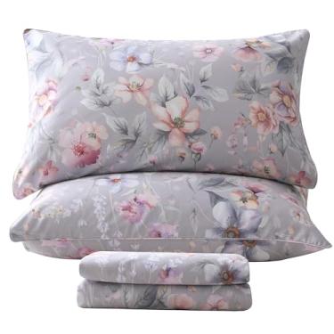 Imagem de QSH Jogo de lençol Queen floral cinza, algodão egípcio, tamanho Queen, luxuoso, sensação de seda, estampa botânica, lençol de cama extra macio e respirável, 44,5 cm, lençol de cama com bolsos