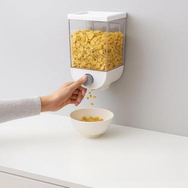 Imagem de Dispenser Organizador de Parede, Plástico Transparente com Tampa Branca, Multiuso para Cereais e Grãos, com Suporte para Fixação.