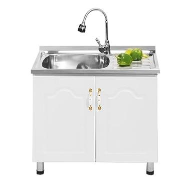 Imagem de TRGCJGH Armário de banheiro com pia, armário de armazenamento de banheiro branco com portas duplas combo de pia para banheiro pequeno (placa de drenagem direita)