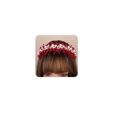 Imagem de Teyglen Tiara de cabelo de pérola vermelha de casamento com coroa de cabelo de flor branca floral tiara de princesa acessórios de cabelo para mulheres festa de aniversário de noiva peça de cabelo