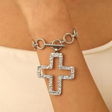 Imagem de Pulseira de cruz dourada com pingente grosso, pulseira de cruz de prata para mulheres, joias de amizade, presentes de Natal para mulheres, Medium, Latão, Sem Pedra Preciosa