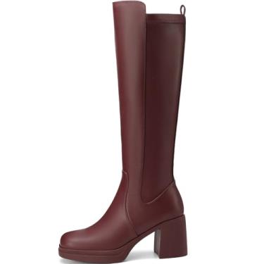 Imagem de TEAIEUI Botas de cano alto femininas plataforma salto grosso bico quadrado bota alta para mulheres salto alto zíper lateral botas longas, Borgonha, 36