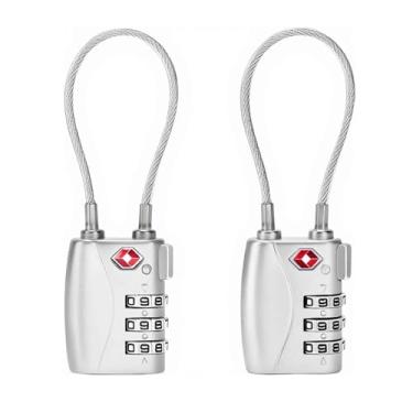 Imagem de Pacote com 2 fechaduras de bagagem de viagem aprovadas pela TSA, liga de bloqueio de combinação de cabo longo, cadeados de metal sem chave de 3 dígitos, cadeado à prova de intempéries aceito pela TSA