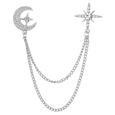Imagem de MBAIYO Broche de estrela de lua com strass para mulheres, corrente de cristal prata broche de lapela vintage suéter vestido chapéu acessórios de terno joias presente, 2x2cm/0.79x0.79in, Zinco, Sem