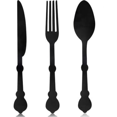 Imagem de 3 peças de faca grande, garfo, colher, decoração de parede, 39,9 cm, utensílios de cozinha, placa decorativa de madeira, placa de parede para casa, sala de jantar, restaurante (preto)