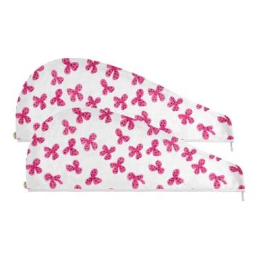 Imagem de SEHANY Linda toalha de cabelo de microfibra com laço rosa para mulheres, 2 peças, turbantes de cabelo de secagem rápida com botão, touca de cabelo seco absorvente toalha de secagem de cabelo para