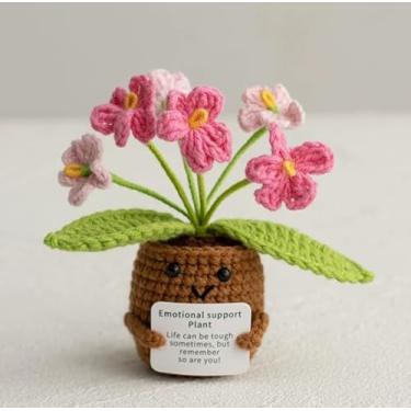 Imagem de Flores de crochê de apoio emocional com cartão positivo feito à mão flor artificial positiva em vaso de crochê presente alegre para decoração de mesa de escritório, sala de estar, decoração de carro