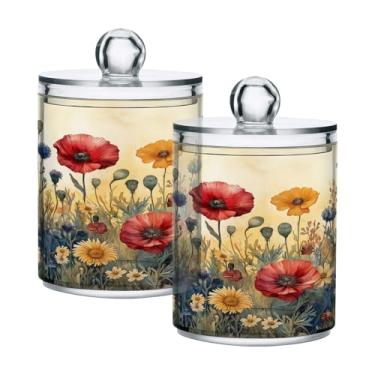 Imagem de ATTX Dispensador de suporte Qtip de flores silvestres em aquarela para bola de algodão, cotonete, frasco de boticário transparente, decoração de casa, pote de armazenamento de cozinha, pacote com 2