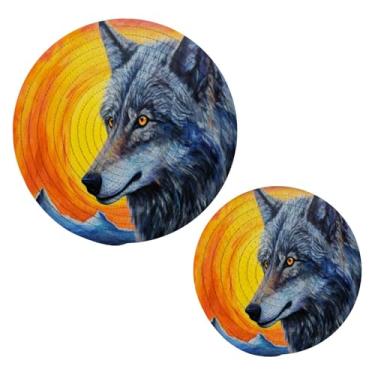 Imagem de Blueangle 2 peças de suporte de panela de tripé de lobo do pôr do sol - conjunto de pegadores de panela de tecido redondo - almofadas quentes trançadas de algodão - porta-copos - tapetes de mesa para
