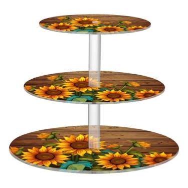Imagem de Blueangle Suporte de cupcake redondo de 3 camadas – Girassóis em tábua de madeira, torre de sobremesa acrílica, suporte de sobremesa em camadas antiderrapante para chá de bebê, aniversário, festa de
