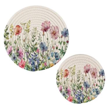 Imagem de Blueangle 2 peças de suporte de panela para jardim de verão em aquarela - conjunto de pegadores de panela de tecido redondo - almofadas quentes trançadas de algodão - porta-copos - tapetes de mesa
