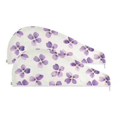 Imagem de SEHANY Toalha de cabelo de microfibra elegante flores roxas para mulheres 2 peças turbantes de cabelo de secagem rápida com botão, touca de cabelo seco absorvente toalha de secagem de cabelo para