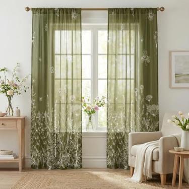 Imagem de Horaldaily Cortinas transparentes de primavera para sala de estar e quarto, flores silvestres florais musgo verde cortinas de janela, decoração de cortinas de janela de férias, 132 cm L x 183 cm C