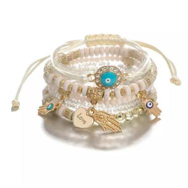 Imagem de Pulseira Fátima Mão Olho Love Coração Miçangas 6 Peças Dourada - DCXAM