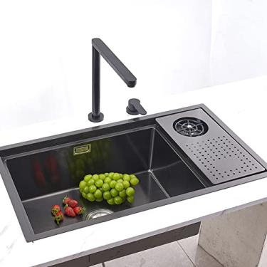 Imagem de Pia de cozinha undermount preta, tigela única embutida nano lavadora de vidro para estação de trabalho, pia de cozinha de aço inoxidável engrossada de 3 mm com placa de drenagem multifuncional