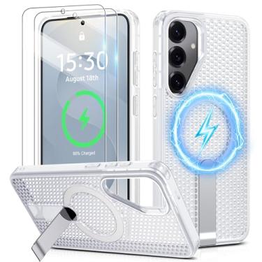 Imagem de Jshru Capa para Samsung Galaxy S25 Plus /S24 Plus com [2 peças] Protetores de tela HD, compatível com MagSafe [proteção contra quedas de grau militar], capa fina translúcida com suporte invisível para